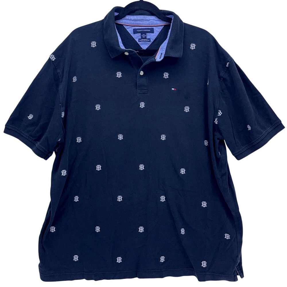 Tommy Hilfiger Black Blue Polo Shirt XXL Custom Fit Monogram Embroidered Logo